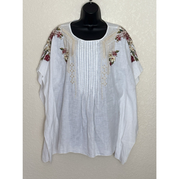 Johnny Was JW Los Angeles Linen Poncho Moji Top Embroidered White Resortwear, L - Picture 3 of 14